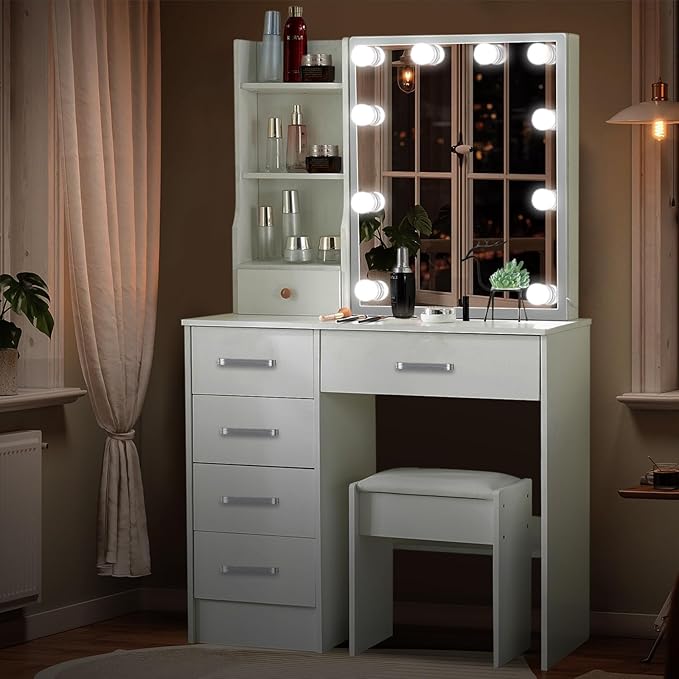 Vanity Desk with Sliding Mirror and Lights, Makeup Vanity Desk with Chiar and Storage, Vanity with Lights for Bedroom, Dressing Table for Teen Girls Women