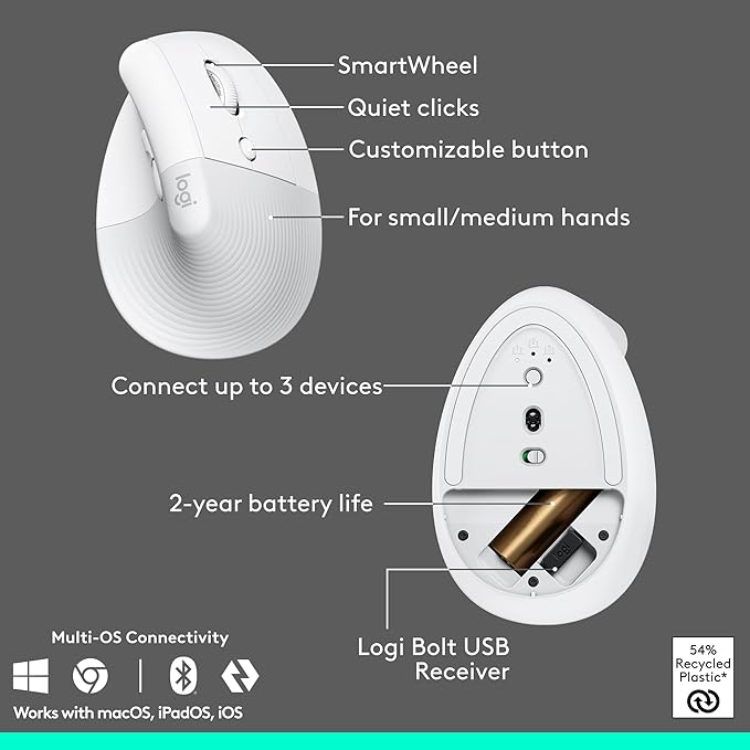 Logitech Wave Keys & Lift Vertical Mouse - Ergonomic Wireless Keyboard and Mouse Combo - with Cushioned Palm Rest, Easy-Switch, Bluetooth, for Multi-OS, Windows/Mac - Off-White