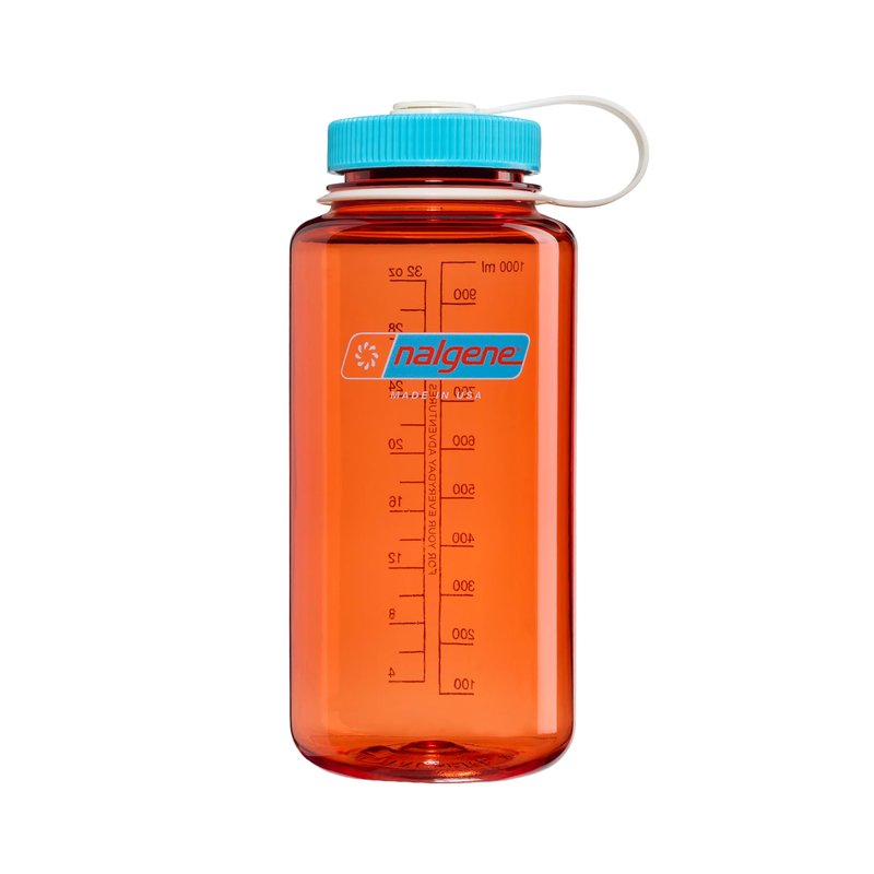 Nalgene 32 oz Wide Mouth Water Bottle | BPA-Free, Durable & Leak Proof, Lightweight for Hiking, Work & Gym – Thrill & Motion, Flame w/Blue Atoll
