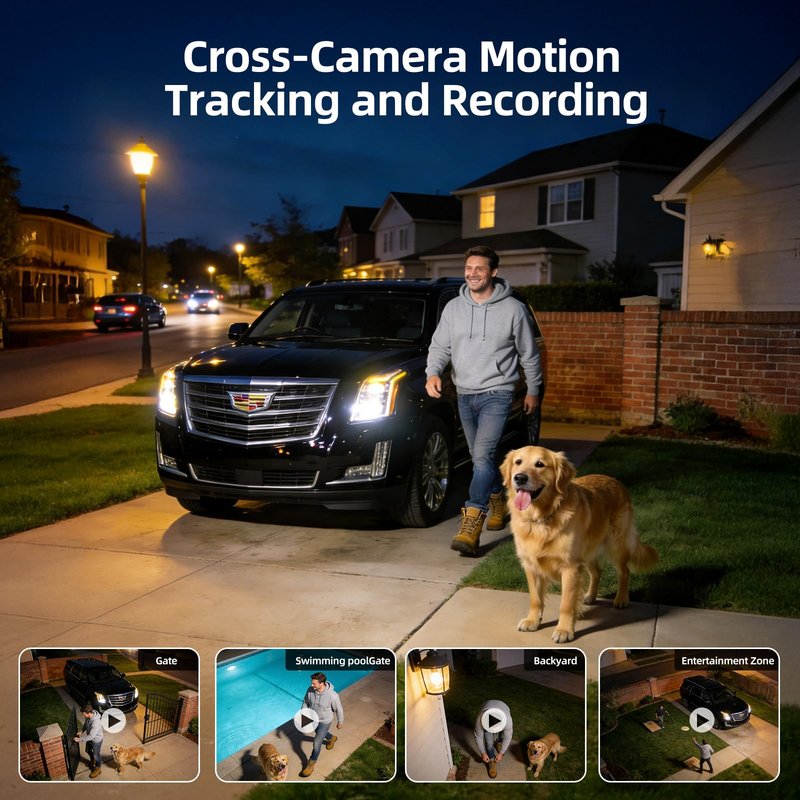 SV3C Security Cameras Wireless Outdoor, No Subscription Fee, 360° PTZ WiFi Camera with 2K Dual Lens, Solar Powered Auto Tracking, Full Color Night Vision, 2 Way Audio, 4-Cam Kit with Hub, Easy Setup