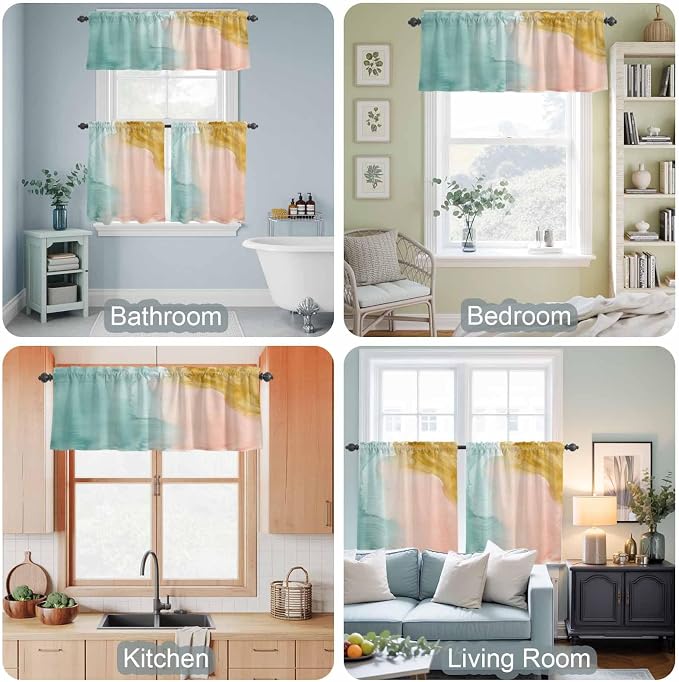 Kitchen Window Curtains Valance and Tier Set, Abstract Desert Mountains Rod