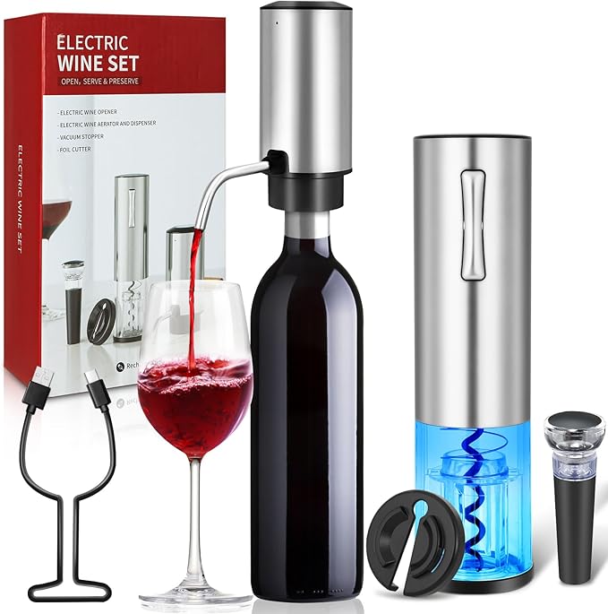 VIDYSUFYR Electric Wine Bottle Opener Set with Charging Base- Black, Automatic Wine Bottle Opener with Led Light, Rechargeable Corkscrew Kit with Aerator，Foil Cutter，Stoppers
