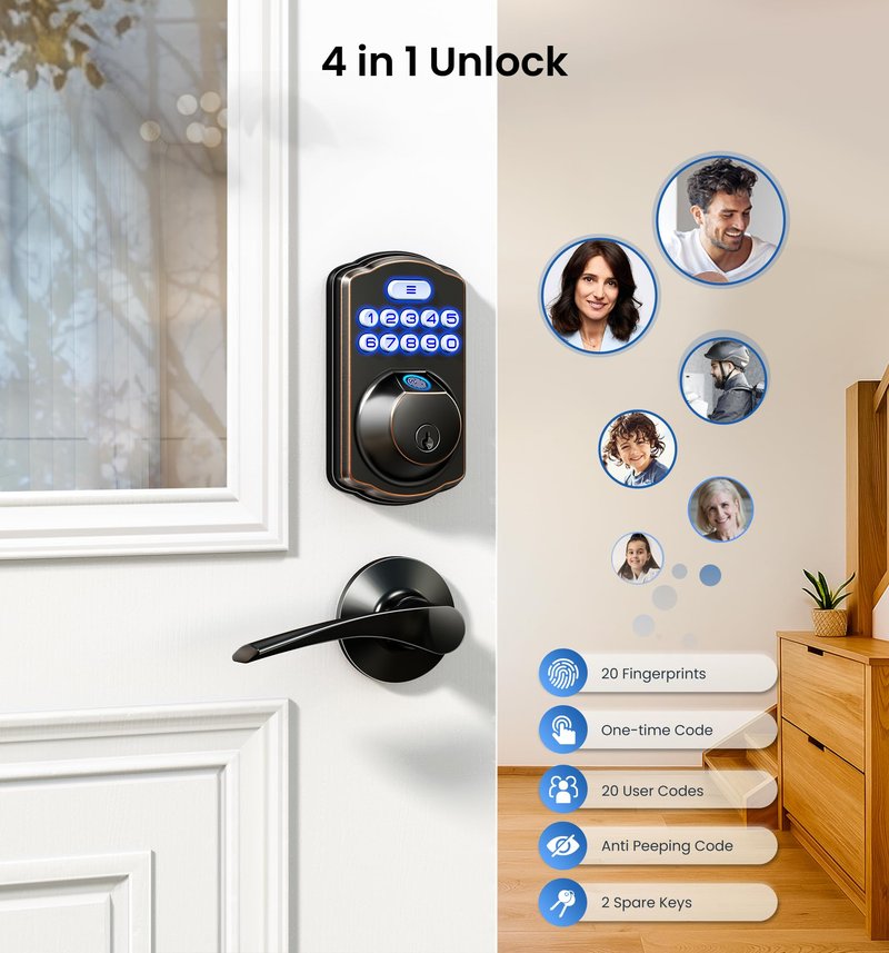 Veise KS02A Fingerprint Keyless Entry Door Lock, Auto Lock, Electronic Keypad Deadbolt for Front Door, Biometric, Anti-Peeping Password, Easy Install, Oil Rubbed Bronze