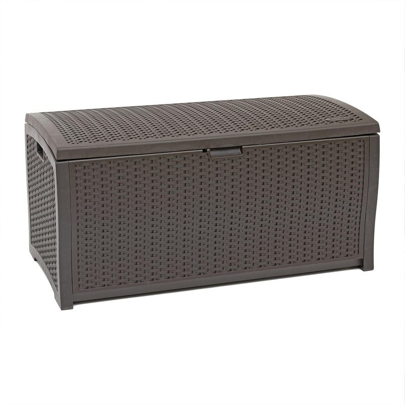 Suncast DBW9200 99 Gallon Outdoor Wicker resin Patio Storage Chest Bin with Handles for Patio, Garden, Garage, or Pool for All Weather, Mocha
