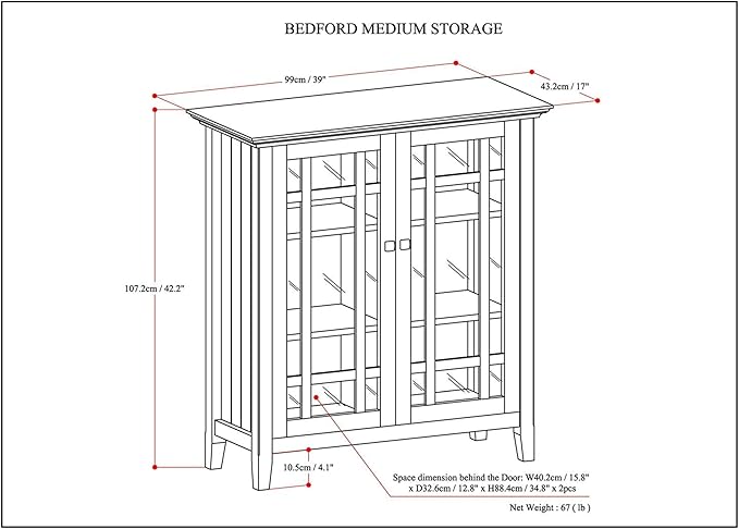 SIMPLIHOME Bedford Storage Cabinet - 39 inch Wide Solid Wood Medium Cabinet in Hickory Brown, Transitional Console for Living Room, Entryway, or Dining Room with Glass Doors and Adjustable Shelves