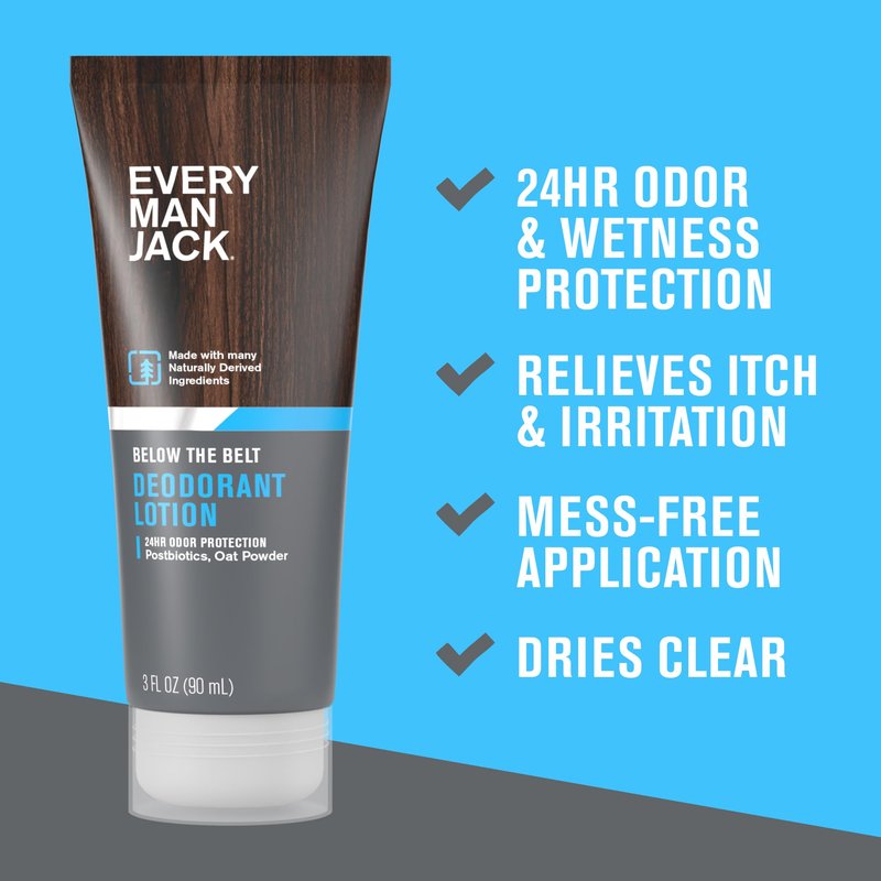 Every Man Jack Men's Ball Deodorant Lotion - Aluminum Free Odor & Wetness Protection - Made w/Naturally Derived Ingredients like Pre-biotics & Arrowroot Powder - Unscented - 3 fl oz - 1 Pack