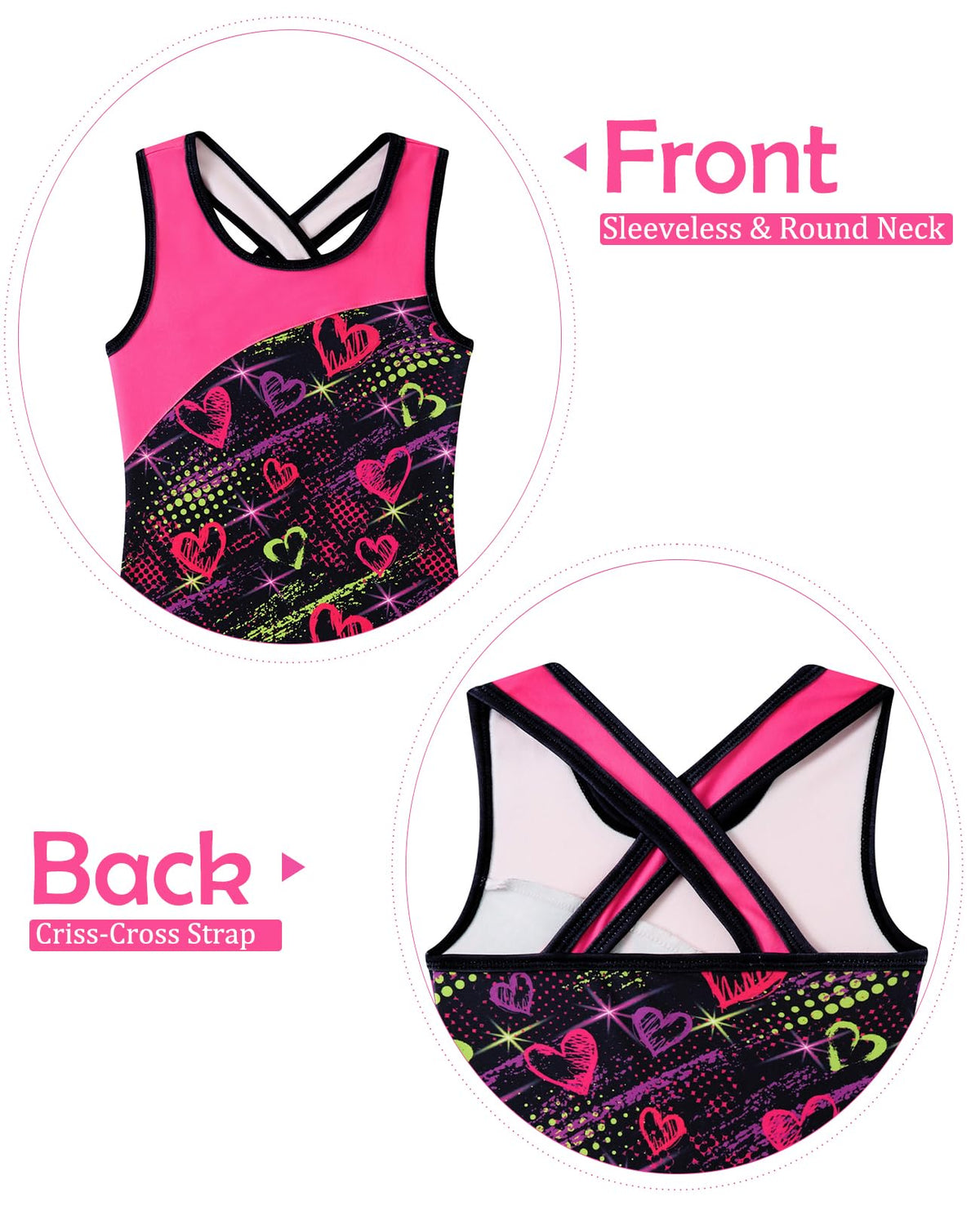 uideazone Girls Gymnastics Leotards Size 10 Pink Hearts Sleeveless Tumbling Outfit for Girls Criss-Cross Strap Unitard Biketards in Dance Class