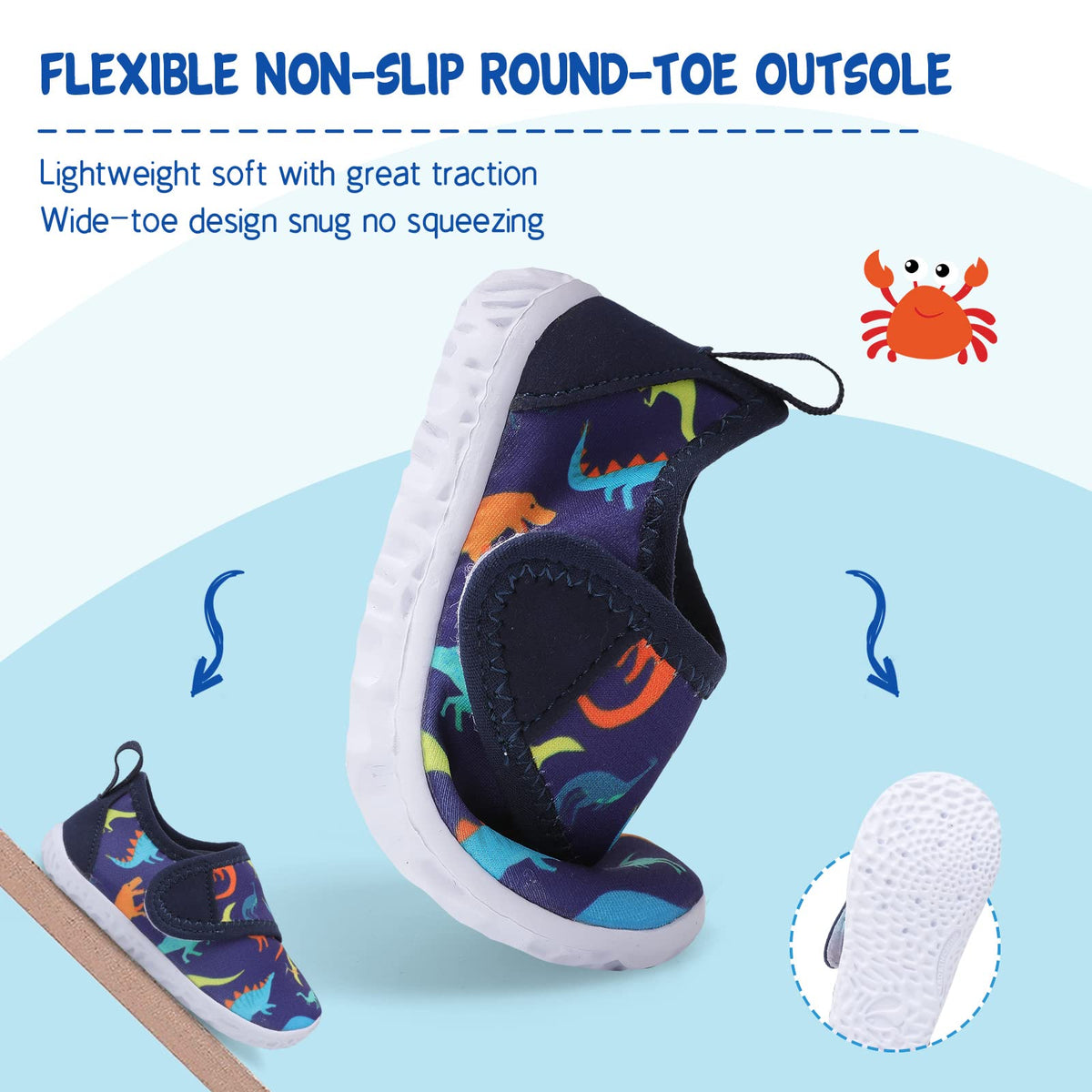 LeIsfIt Toddler Water Shoes Boys Girls Barefoot Aqua Socks Kids Breathable Quick-Dry Swim Shoes for Beach Pool Surf, Blue Dinosaur, 7 Toddler