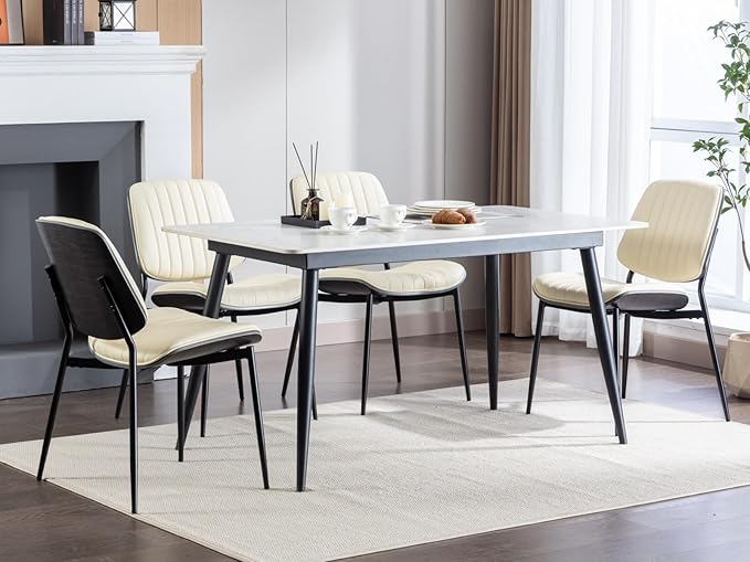 Dining Chairs Set of 2, Mid Century Modern Accent Dining Room and Kitchen Chairs, Upholstered PU Leather Vertical Stripe Chairs for Vanity with Walnut Bentwood and Metal Legs, Beige