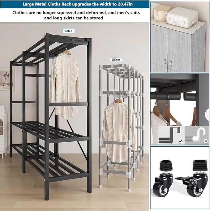 Heavy Duty Covered Clothes Rack with Magnetic Door Foldable Portable Wardrobe Closet for Hanging Clothing Rolling Black Metal Garment Rack on Wheels Closet System (Gray, 58.9in)