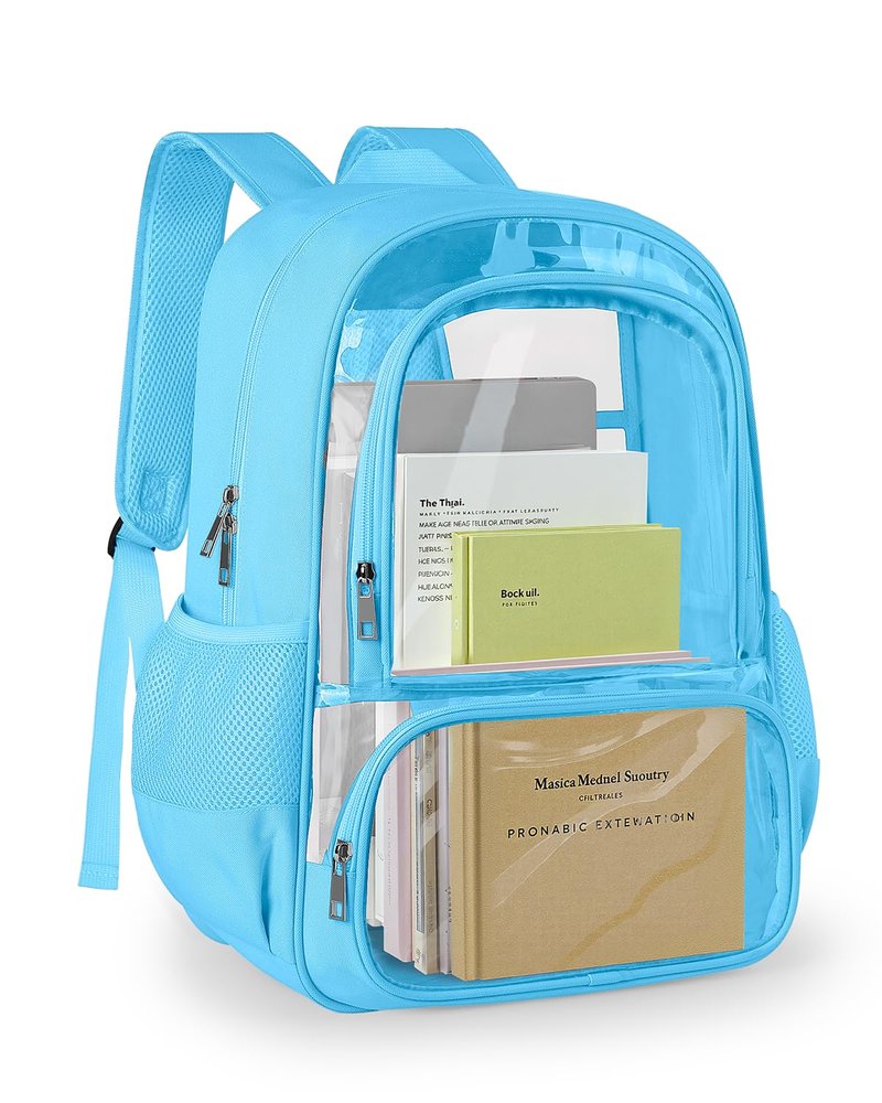 KIMNERPU Clear Backpack, Fabric & PVC Transparent Backpack with Reinforced Strap for Women Men, Heavy Duty Transparent Bookbag, Large Capacity Clear Bag, Travel, Security, Blue