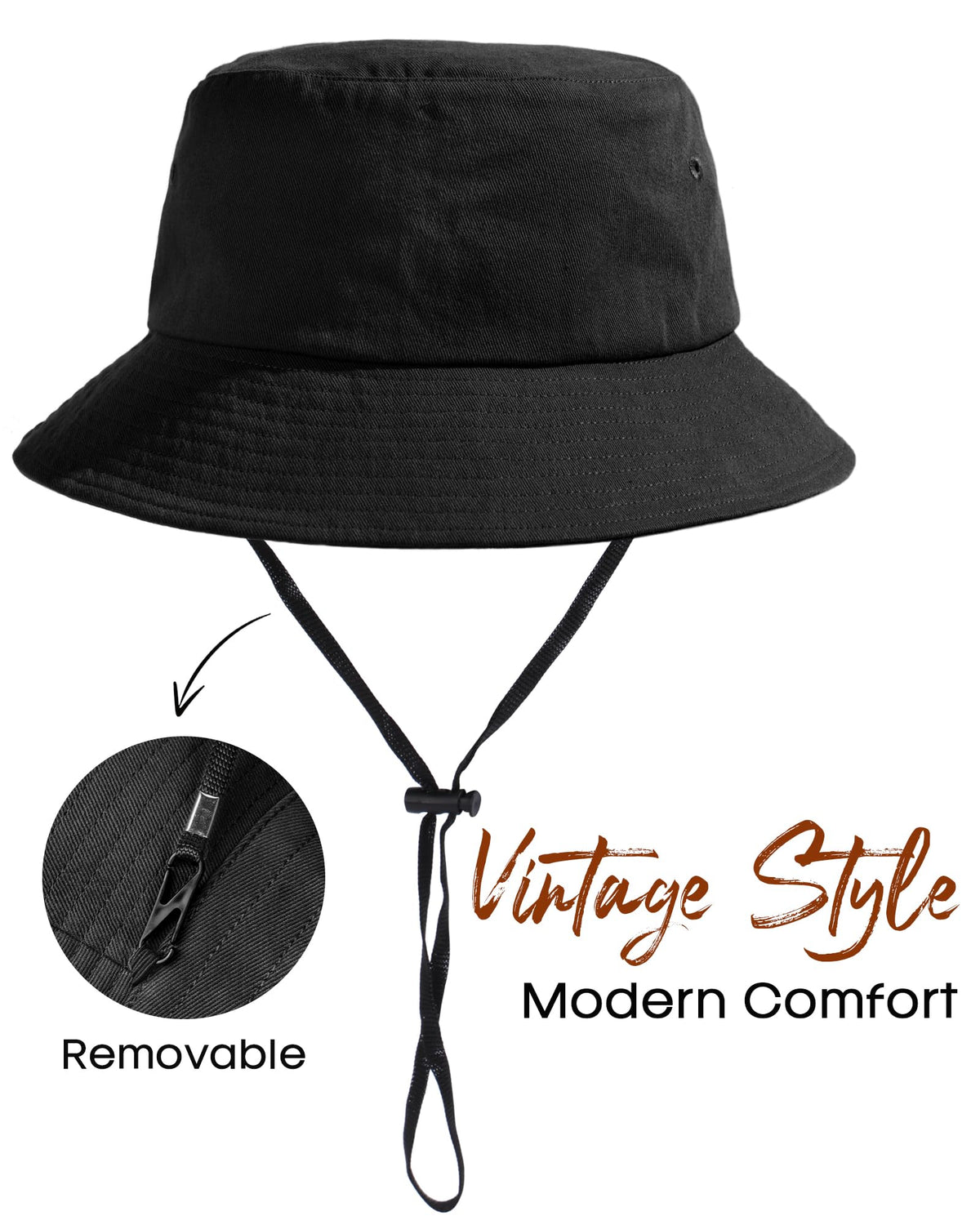 FURTALK Bucket Hats for Women Washed Cotton Packable Summer Beach Sun Hats Bucket Hat with Strings for Travel Black