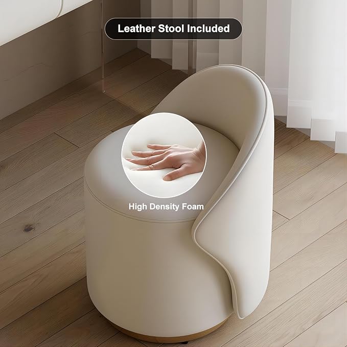 homary White Makeup Vanity Set with LED Mirror and Dressing Stool, Modern PU Leather Dressing Table with Drawers for Bedroom, Ideal for Women Girls (White)