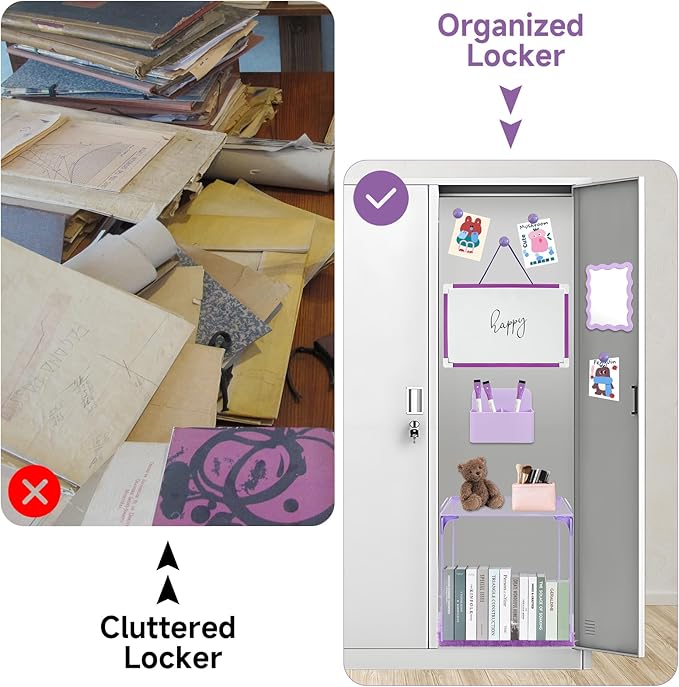 12 Pcs Locker Organizer and Decorating Kit, First Day of School Essentials,Back to School Essentials Locker Decoration, Print Whiteboard with Markers Plush Area Rug String Mirror(Purple)
