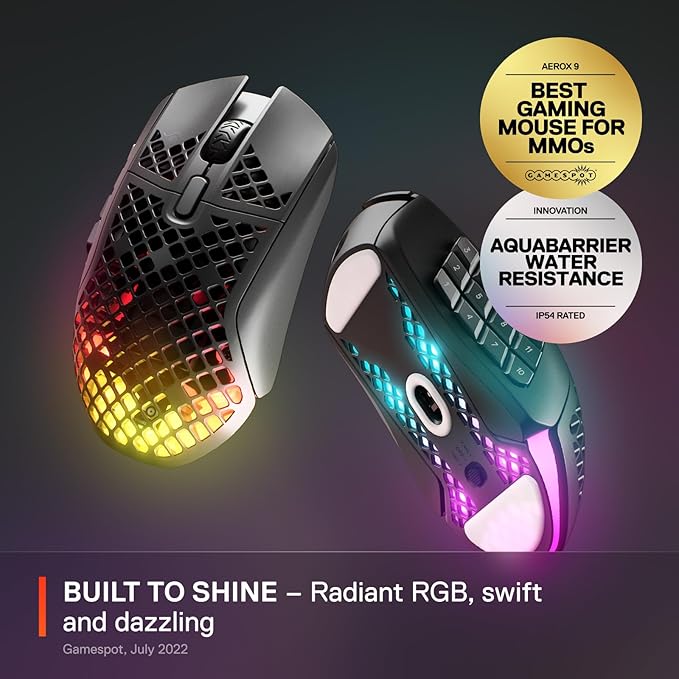 SteelSeries Aerox 9 Wireless - Holey RGB Gaming Mouse - Ultra-lightweight Water Resistant Design - 18 Buttons – Bluetooth/2.4 GHz - 18K DPI TrueMove Air Optical Sensor