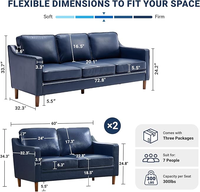 Kingfun Living Room Furniture Sets, Armchair and 2 Loveseat, Mid Century Modern Sofa Set, Faux Leather Couch with Solid Wood Frame for Living Room & Bedroom, Royal Blue
