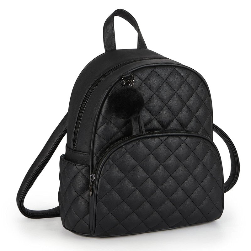 ECOSUSI Mini Backpack for Women Leather Small Backpack Purse for Ladies Cute Pom Bookbag Travel Shoulder Bag with Charm Tassel Black