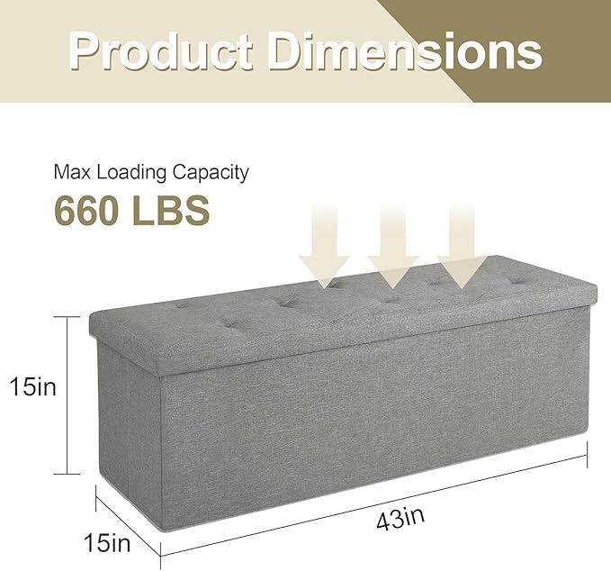 VECELO 43'' Folding Storage Ottoman Bench, Storage Chest, Linen Fabric Foot Rest Stool, 158L Storage Footstools for Bedroom and Living Room, Holds up to 660 lbs, Grey