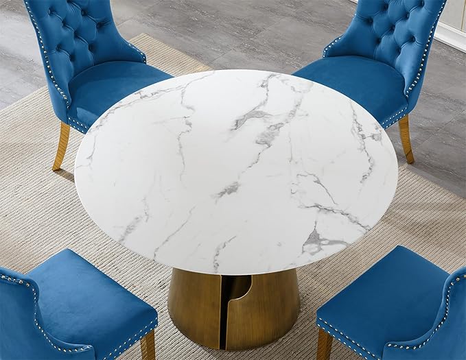 5-Piece Faux Marble Round Dining Table Set for 4, Modern Luxury Kitchen Table Set for 4 with Blue Tufted Chairs,Circle Dining Tables with White Marble Grain Top and Bronze Pedestal Base