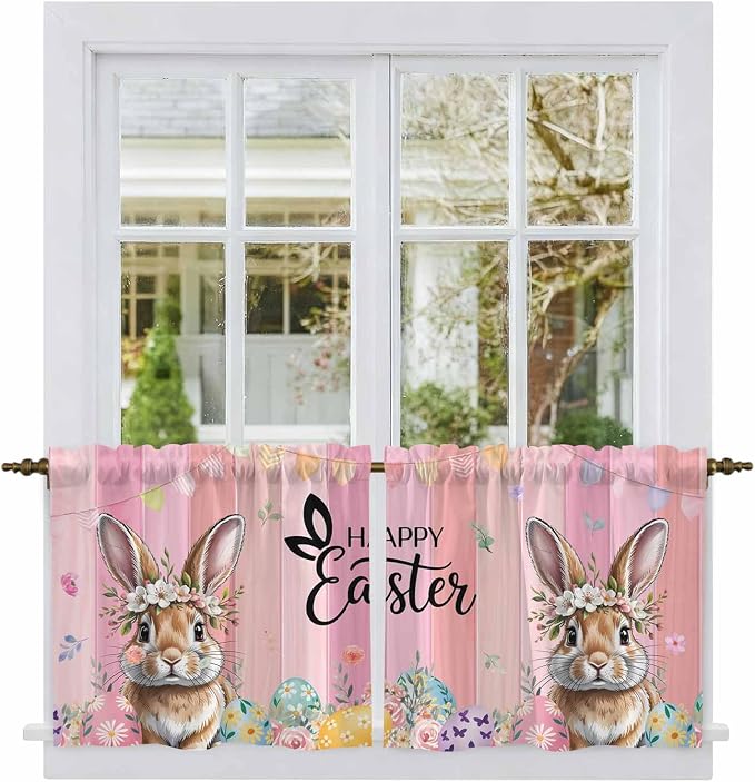 Easter Tier Curtains, Spring Rabbit Eggs Flowers Flags Leaves Wood Grain Light