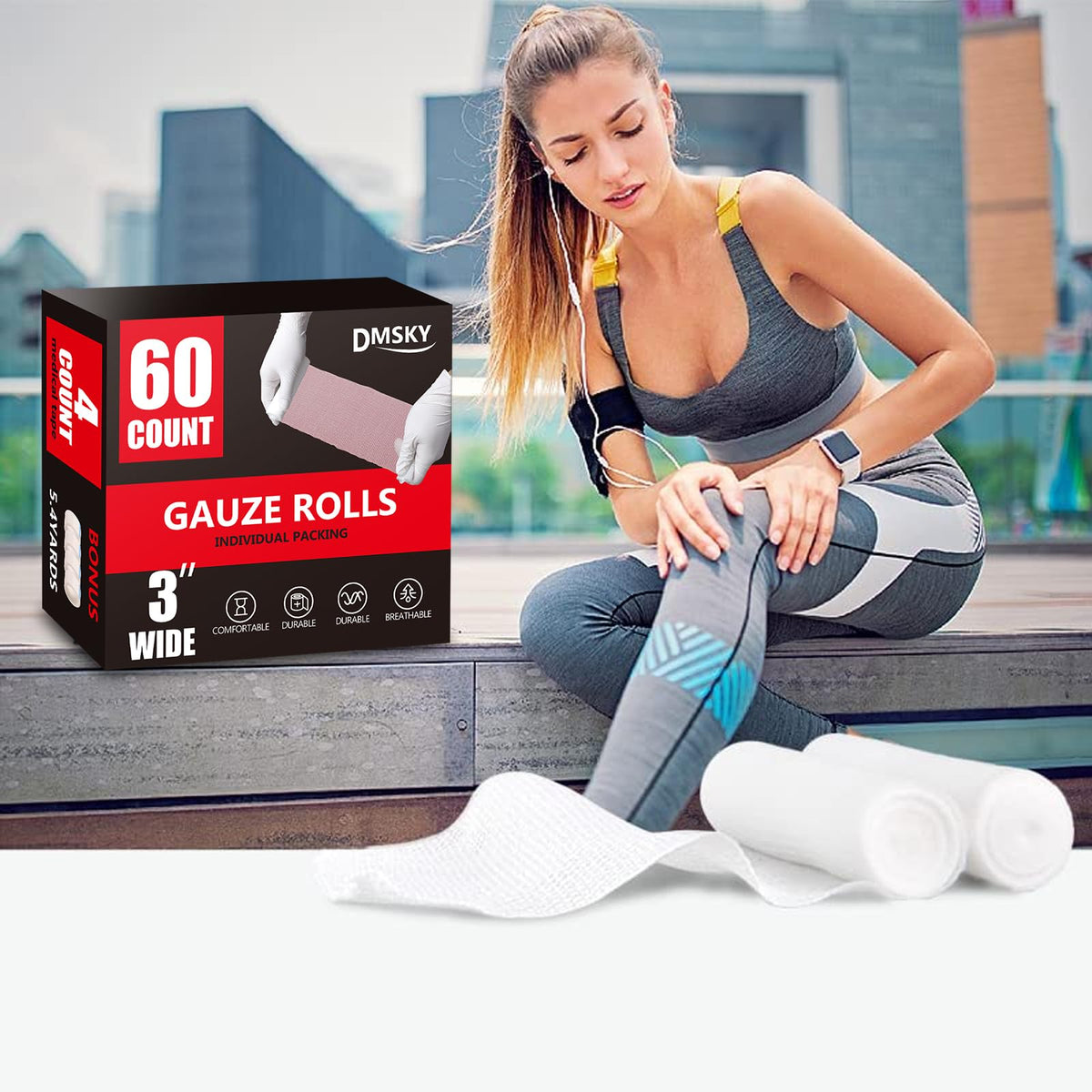 DMSKY Gauze Rolls 60 Pack, 3 in x 4.1 Yards, Individually Wrapped Breathable Rolled Gauze, Premium Bandage Wrap Vet Wrap, Mummy Wraps