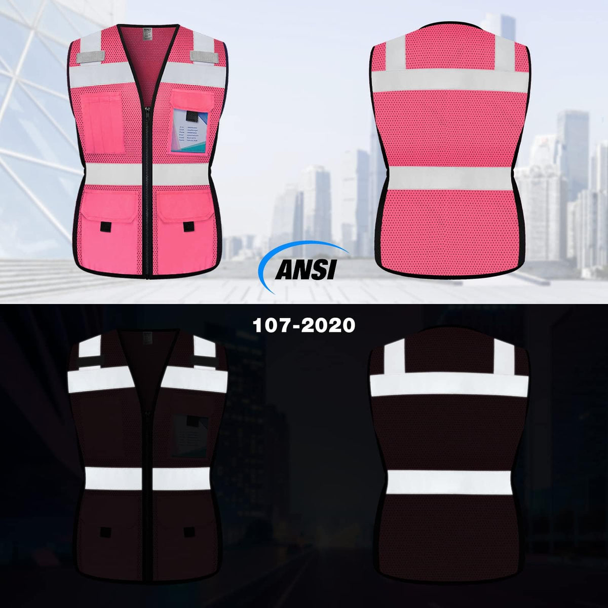 TCCFCCT Women Reflective Vest 11 Pockets High Visibility Mesh Safety Vest for Lady, Neon Construction Work Vest with Zipper, Snug-Fit, Durable with Reinforced Sewing, ANSI Compliant, Pink S