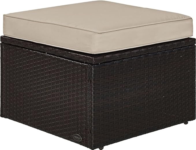 Crosley Furniture Palm Harbor Wicker Outdoor Ottoman Foot Rest for Patio, Deck, Porch, Brown with Sand Cushions