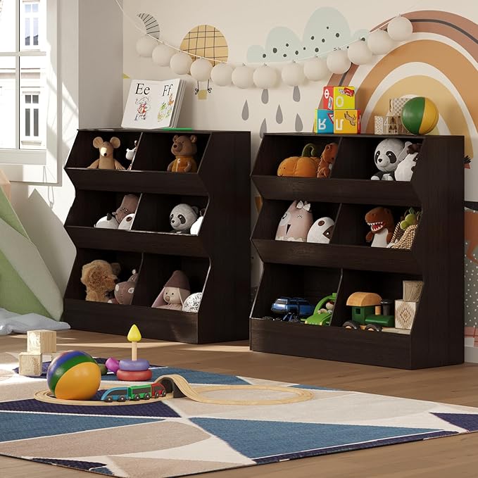 DINZI LVJ Toy Storage Organizer, Kids Bookshelf, Wooden Toy Storage Cabinet, 6 Cubby Children Bookcase, 39.4" L Toddler Book Shelf for Playroom, Living Room, Nursery, Hallway, School, Espresso