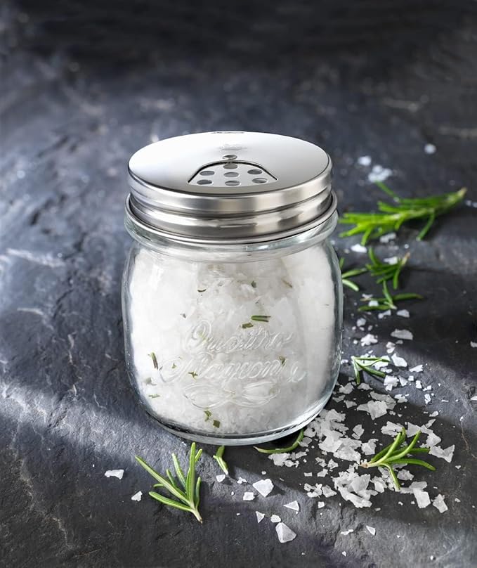 Bormioli Rocco Quattro Stagioni Mason Jar with Salt Shaker Lid - ClearSilver, Set of 2