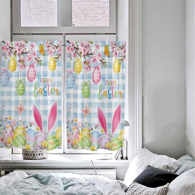 Happy Easter Kitchen Curtains 54 Inches length, Spring Watercolor Bunny Eggs
