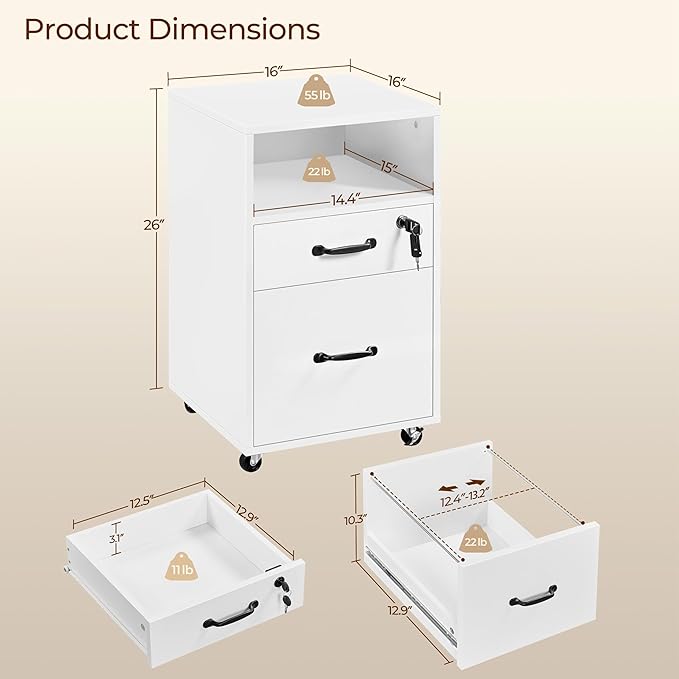 Yaheetech File Cabinet Vertical File Cabinets Mobile Letter Size File Storage Organizer Small Filing Cabinet Printer Stand for Home and Office White