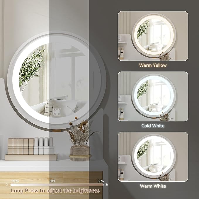 ARTETHYS Small Vanity Desk Set with 3 Adjustable Lighted Mirror and Storage Shelf White Tiny Makeup Vanities Set with Drawer for Bedroom 24 Inch Compact Dressing Table for Mini Space
