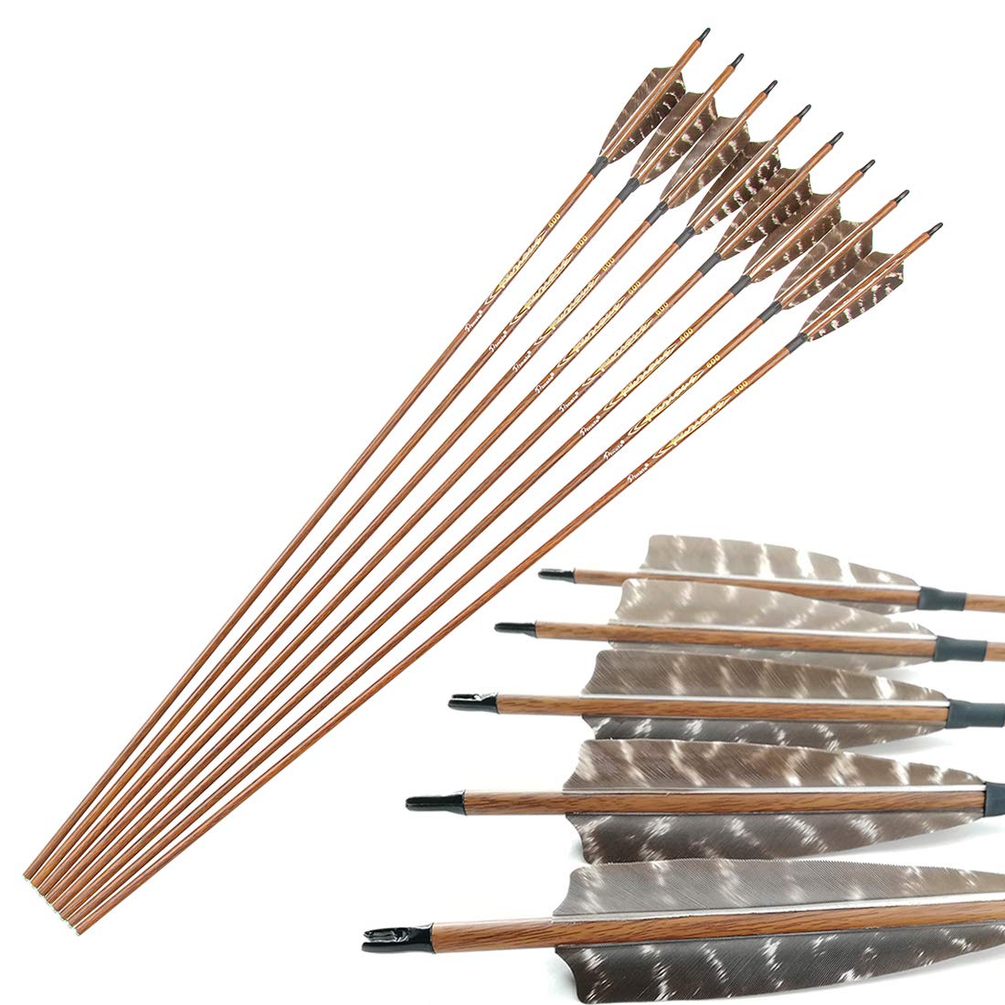 Pinals Traditional Archery Hunting Arrows 400 500 600 Spine Turkey Feather 30 32 Inch Carbon Shafts for Recurve Longbow Compound Bows Targets 12PCS 400