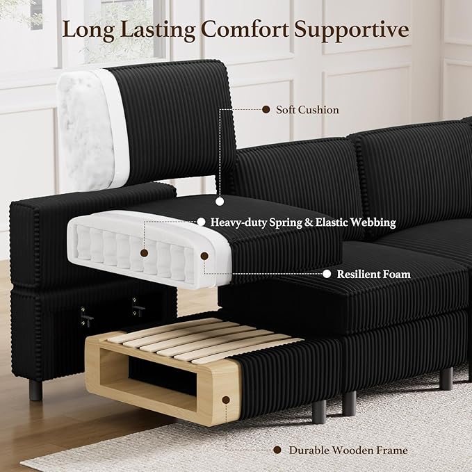 114.2" Modular Sectional Sofa with Deep Storage Seat,Corduroy 7 Seat U Shaped Sofa Couch,Modular Sofa Couch with Movable Ottoman Chaise,Upholstered Sectional Couches for Living Room,Black