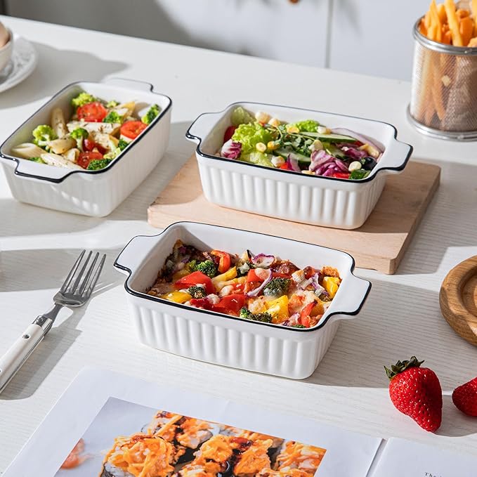 DLIM HOME 12 Oz Casserole Dish, Ceramic Baking Dishes Sets of 4, Small Casserole Dish with Handle, Porcelain Bakeware Sets, 5" Rectangular Baking Serving Dish for Casserole, Cakes, Dishwasher Oven Safe