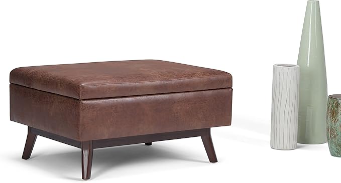 SIMPLIHOME Owen Coffee Table Storage Ottoman - 34 inch Wide Upholstered Vegan Leather Rectangular Lift-Top Ottoman in Distressed Saddle Brown, Mid-Century Bench for Living Room with Tapered Legs