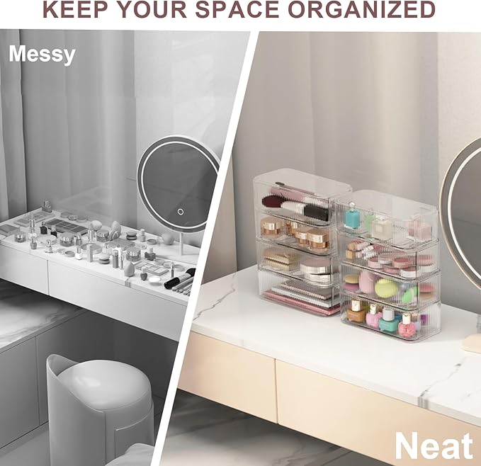 8-Pack Clear Stackable Storage Drawers with 16 Non-Slip Silicone Feet, Multi-Purpose Cosmetic & Home Organizers for Vanity, Office, Bathroom, Pantry, Easy-Pull Transparent Acrylic Storage Bins