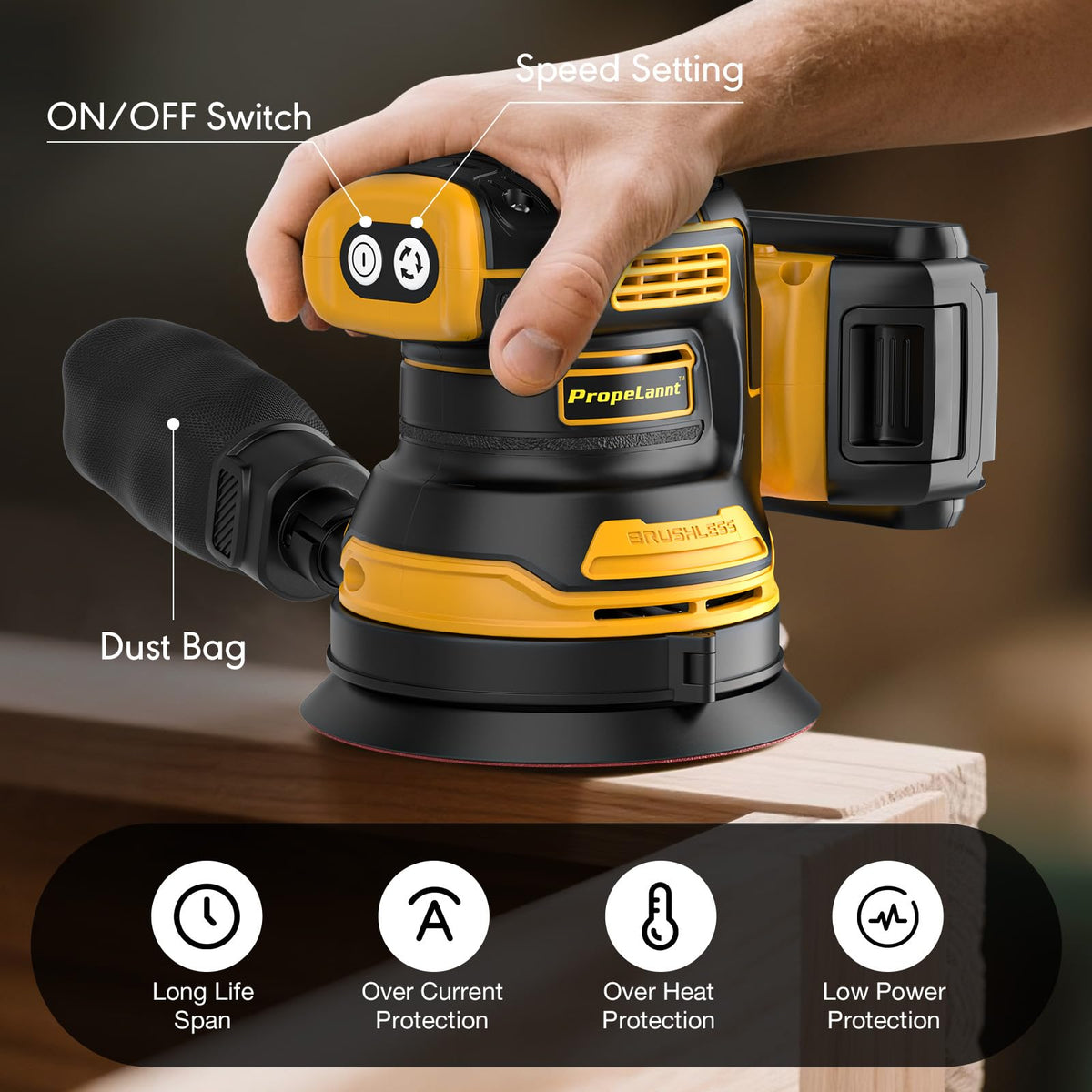 Random Orbital Sander for Dewalt 20V Battery, 5" Palm Cordless Sander with 10pcs Sandpaper, 3 Variable Speeds, Dust Collector for Woodworking Polishing Sanding(Battery Not Included)