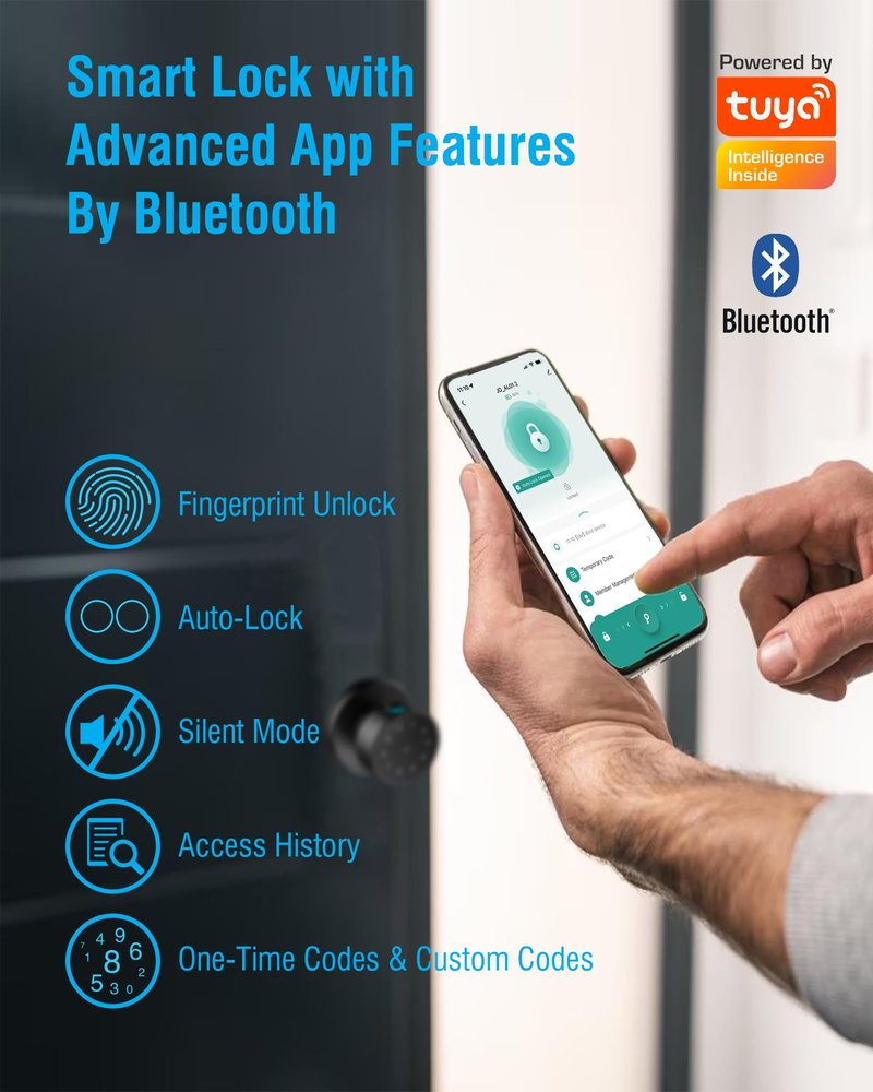 ADWUMAONG 5-in-1 Smart Fingerprint Door Knob with Keypad, Bluetooth/APP Control, Keyless Entry Door Lock, Easy No-Drill Installation for Front Door, Bedroom, Office