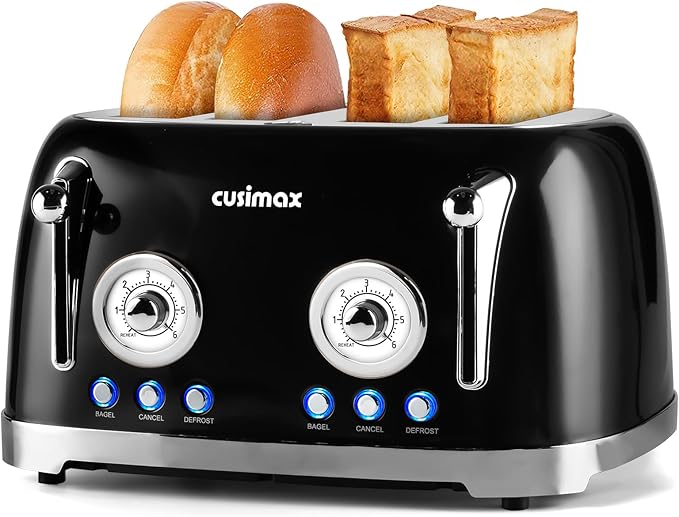 CUSIMAX Toaster 4 Slice with Wide Slots for Bagels, Black & Silver