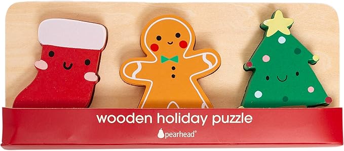 Pearhead 3 Piece Wooden Holiday Puzzle, Kids Christmas Toy, Puzzle Stocking Stuffer, Christmas Toys for Children, Holiday Toy Ideas, 3 Piece Set