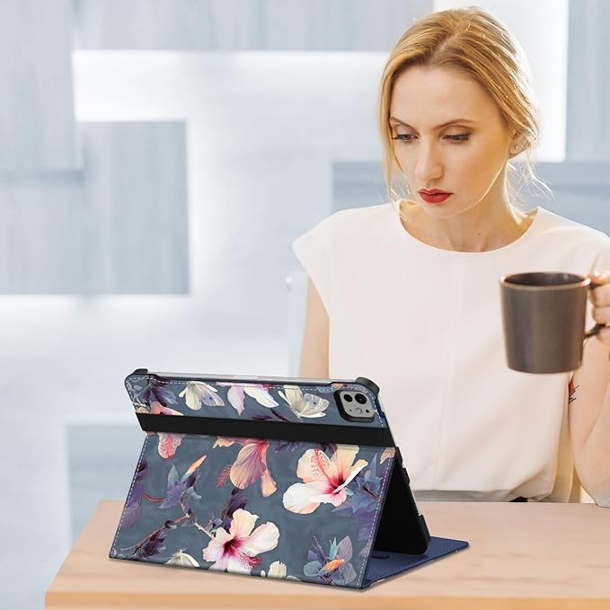 Fintie Folio Case for iPad Pro 11-inch (M5) 2025 / (M4) 2024 - Multiple Angles Viewing Stand Protective Cover with Pencil Holder & Pocket, Auto Wake/Sleep, Hibiscus