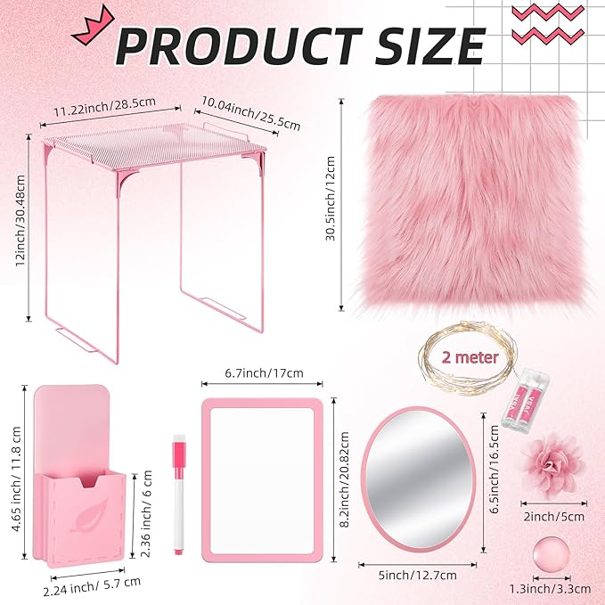 Patelai 11 Pcs Locker Accessories Kit Included Locker Shelf Magnetic Mirror Pen Holder Whiteboard Marker Faux Fur Rug Light String and Magnet for Back to School Essentials(Pink)