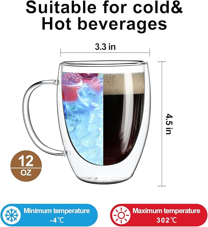 Aurzen 4 Pack Double Walled Glass Coffee Mugs with Handles, Large Insulated Layer Coffee Cups, Clear Borosilicate Mugs, Perfect for Cappuccino, Tea, Microwave Safe (12oz-4Pack)