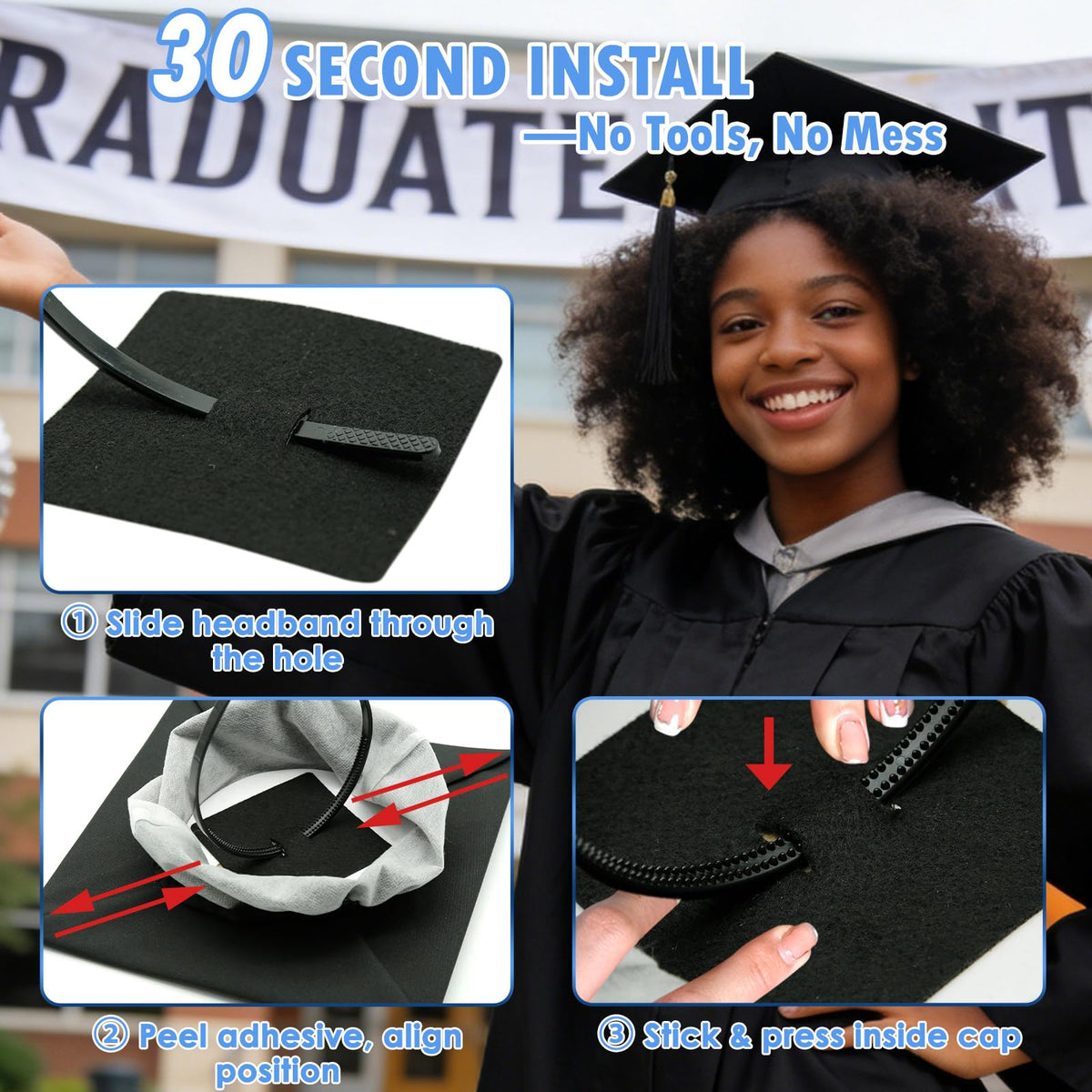 PUNCHMAN Graduation Cap Headband Insert- Black 1 Pack Firm Anti-fall Hair Band,Graduation Hat Headband Holder for Secure Grad Cap And Hairstyle,Hat Accessories for Graduates,Students,Girls