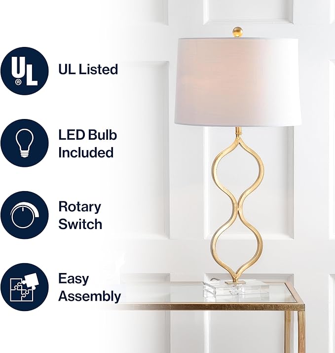 JONATHAN Y 31.5" Gold Curved Metal and Crystal Table Lamp, Modern Glam Bedside Lamp with White Linen Drum Shade for Living Room and Bedroom, LED Bulb Included JYL3028A