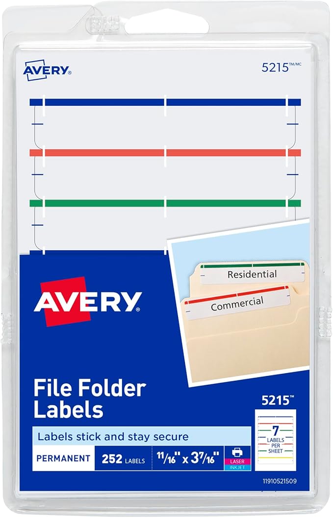 Avery File Folder Labels on 4" x 6" Sheets, Easy Peel, Assorted, Print & Handwrite, 2/3" x 3-7/16", 252 Labels (5215)