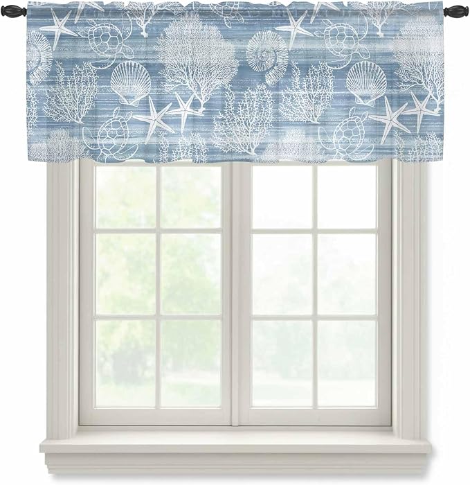 Haze Blue Retro Summer Sheer Valance Curtains, Sea Turtle Starfish Coral Ocean