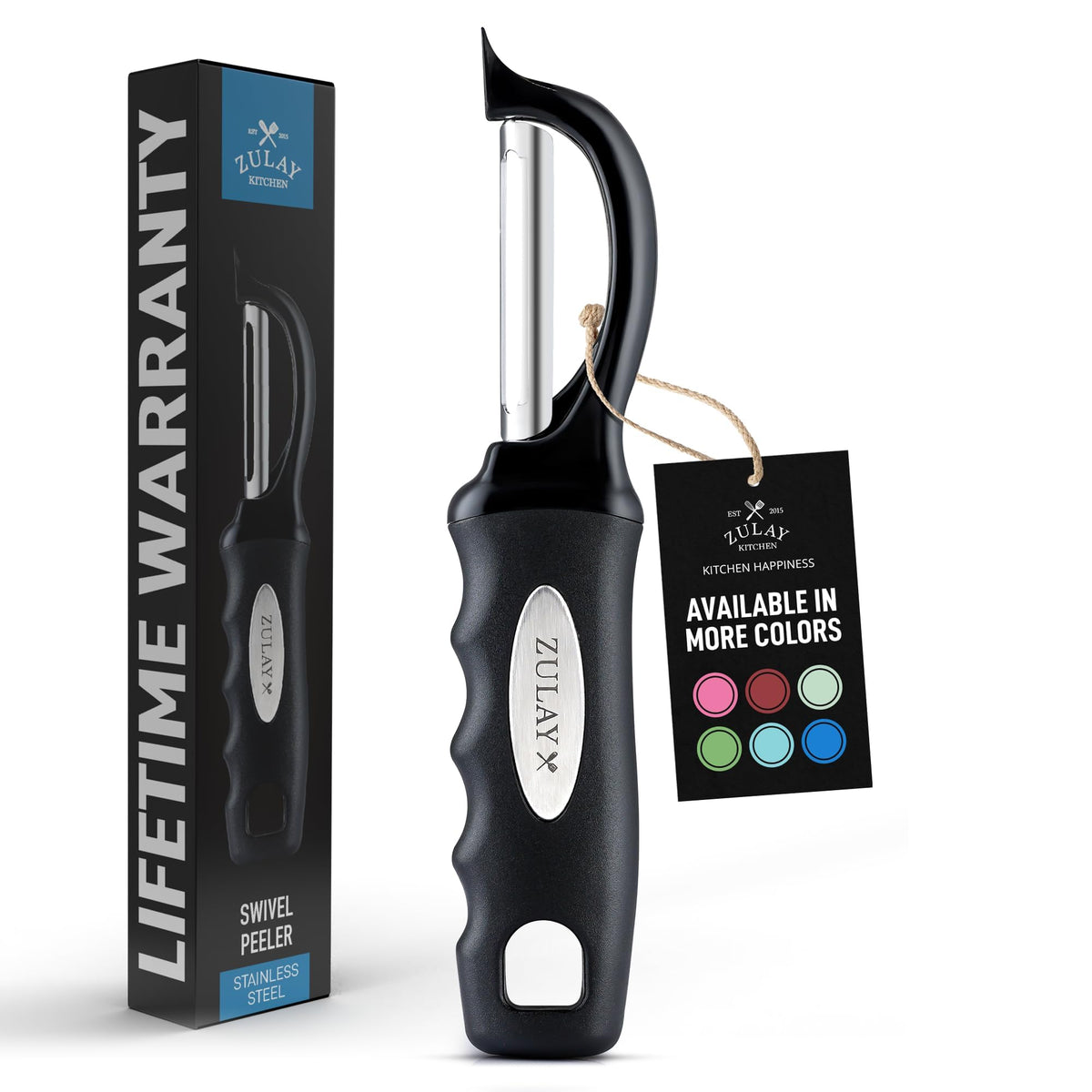 Zulay Kitchen Swivel Vegetable Peeler - Stainless Steel Potato & Veggie Peeler with Comfortable Grip - Built In Blemish Remover - Black
