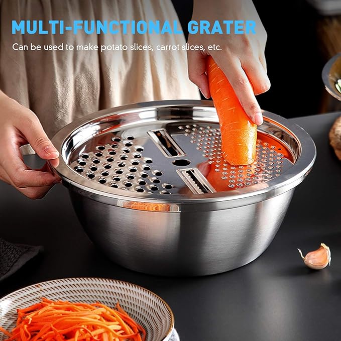 Cabilock Stainless Steel Grater Bowl, 3-in-1 Vegetable Grater with Drain Basket and Salad Bowl, Multipurpose Kitchen Strainer Shredder for Cheese, Carrots, Potatoes, Cucumbers and Food Prep, 10.2 Inch